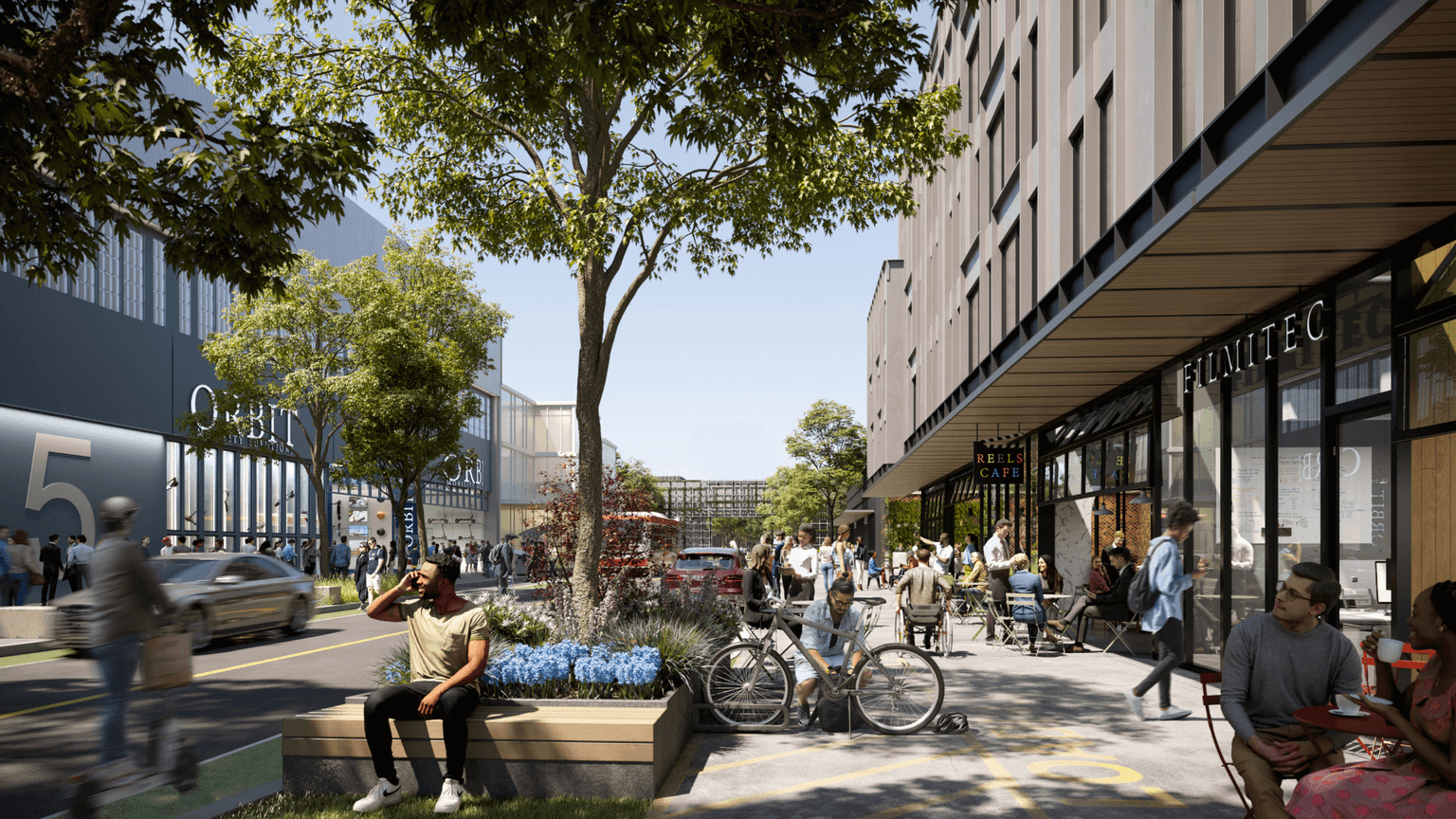 An artist's rendering of a proposed new street in the city, showcasing a modern design and vibrant atmosphere.